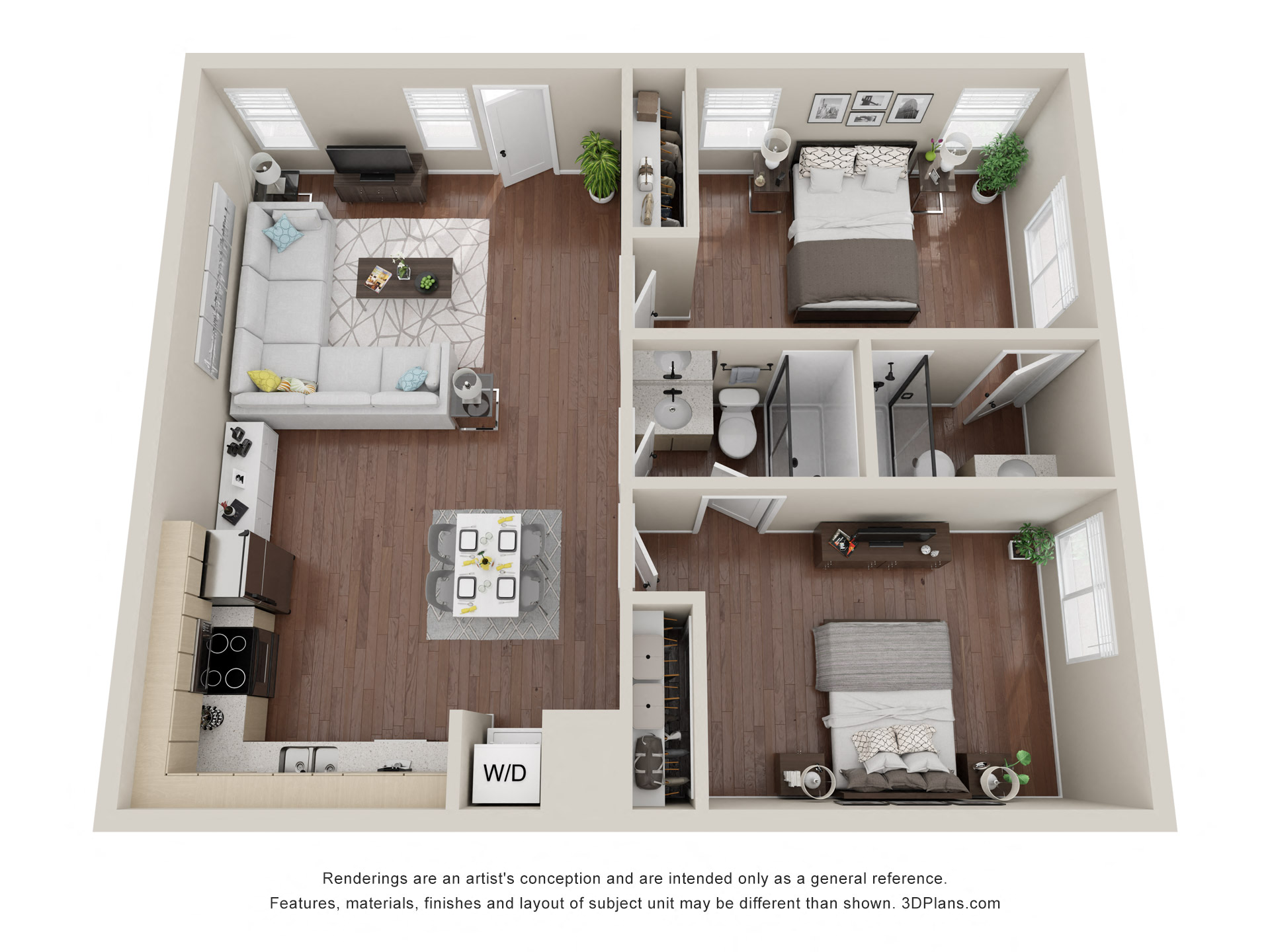 Floor plan for 2 beds, 2 baths, 877 sqft